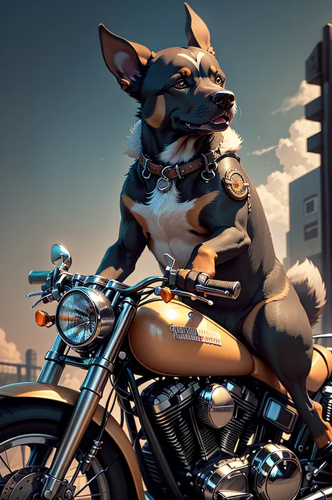 C4tt4stic,Cartoon Doberman dog riding a Harley-Davidson wearing a leather jean（The specifics of the appearance of Doberman dogs、Lunette de soleil）