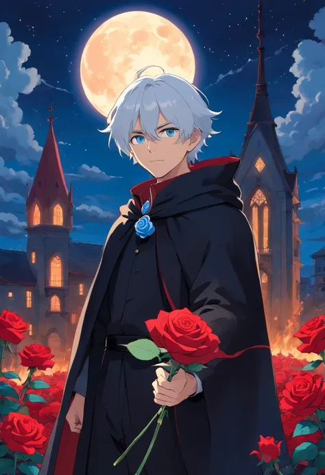 A young man with white hair and red eyes in a black outfit with a white cape with blue details holding a blue rose in his hand in a field of red roses at night in front of a building on fire