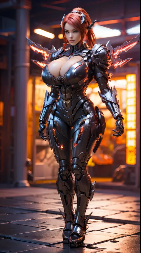 HUGE FAKE BOOBS, PONYTAIL, (RED, BLACK), MECHA DRAGON ARMOR, FUTURISTIC LATEX SUIT, (CLEAVAGE), ((A PAIR LARGEST MECHANICAL WINGS)), (TALL LEGS), (STANDING), SEXY BODY, MUSCLE ABS, UHD, 8K, 1080P.