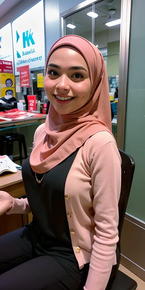 1 matured malay girl in hijab, Tokyo street,night, cityscape,city lights,upper body,close-up,smile,, (8k, RAW photo, best quality, masterpiece:1.2),(realistic, photo-realistic:1.37),