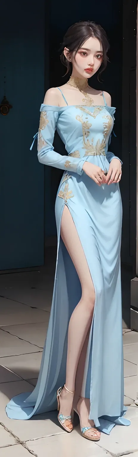 Girl in blue long dress，Long dress with slit，Wear a dress，Light blue piping dress，Delicate dress，Gold embroidery，Stand gracefully，（Lateral face：2），frontage