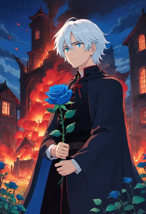 A young man with white hair and red eyes in a black outfit with a white cape with blue details holding a blue rose in his hand in a field of red roses at night in front of a burning building