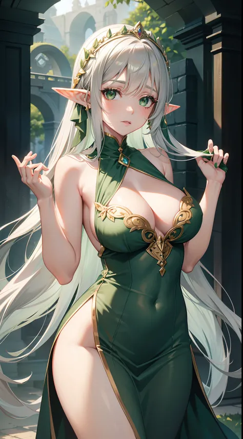 Grown-up girl, Long silver hair, elf ears, Green eyes, large breasts, Green lipstick, green dress, open dress, open breasts, Sleeveless, Sexy, erotic dress, transparent dress, Princess, Gold Elements, Hands up, Masterpiece, hiquality, 4k, HD, Good detail