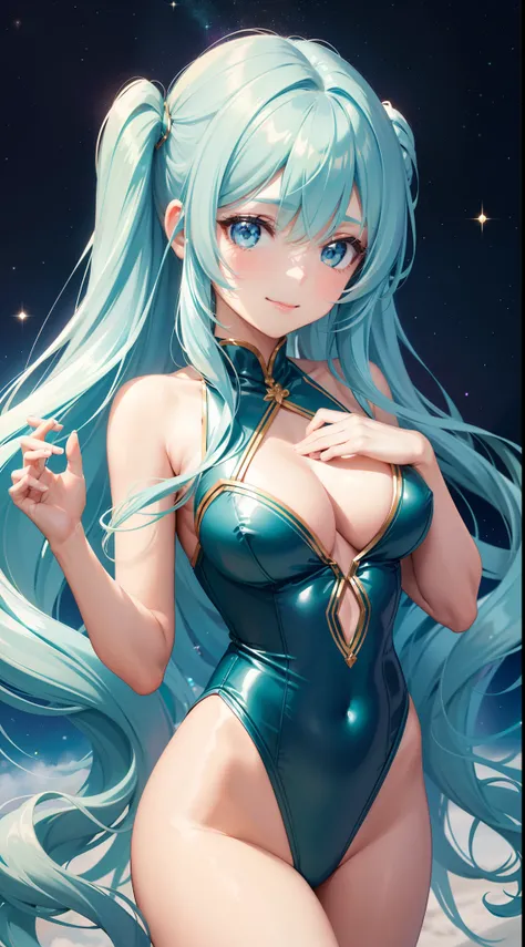 Cute Beautiful Girl　A charming smile　sky blue hair　length hair　Twin-tailed　Sparkling bright green and white sparkling sexy leotard outfit　full bodyesbian　Fantasia　constellation　a moon　Crystal Brilliance　Aurora Borealis in the Night Sky