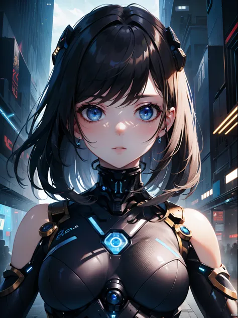 (Masterpiece, Best Quality, Ultra High Resolution),1girl,mechanical suit,biopunk, beautiful and detailed face, detailed eyes