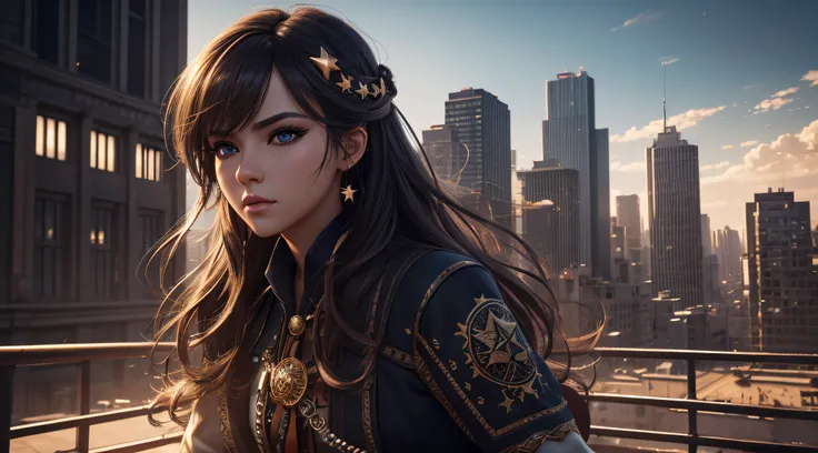 (extremely detailed CG unity 8k wallpaper),(masterpiece), (best quality), (ultra-detailed), (best illustration),(best shadow), cowboy shot, (sharp eyeliner, eyeshadow, detailed eyes:1), city background, ,BREAK , (star15school:1.2), hair ornament, ,