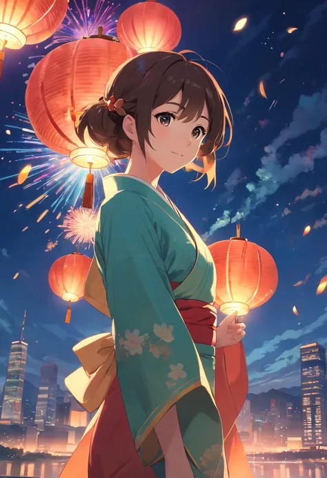 tmasterpiece，best qualtiy，cinematic Film still from，1girl，girl，Floating in the sky，closeup cleavage，brightly，cheerfulness，Warm and soft lighting，themoon，（spark of light：0.7），Hanfu，Eat mooncakes，edgBunny，lanterns，fire works