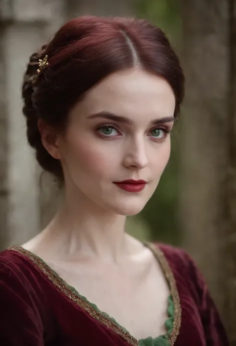 (((a deep reddish wound crosses her left cheek))) fair complexion, winona ryder, high bunned hair, distinctive green eyes, wearing kohl, slender and graceful, beautiful, candlelight in a medieval setting, ultra sharp focus, realistic shot, medieval female ...