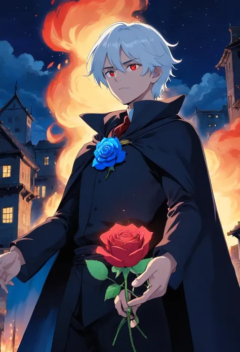 A young man with white hair and red eyes in a black outfit with a white cape with blue details holding a blue rose in his left hand at night in front of a burning building