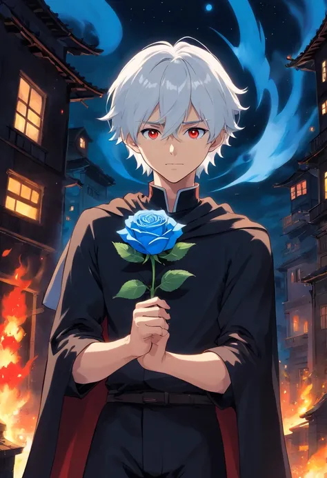 A young man with white hair and red eyes in a black outfit with a white cape with blue details holding a blue rose in his left hand at night in front of a burning building