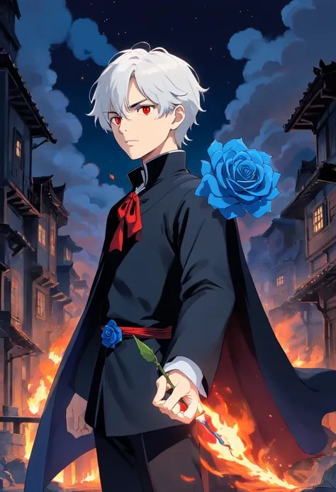 A young man with white hair and red eyes in a black outfit with a white cape with blue details holding a blue rose in his left hand at night in front of a burning building