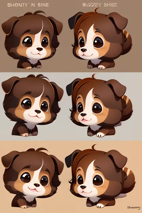 A little cute brown dog name Buzzy, character sheet, differentangle, multiple expression, in the style of Cartoonish illustrations