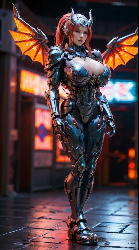 HUGE FAKE BOOBS, PONYTAIL, (RED, BLACK), MECHA DRAGON ARMOR, FUTURISTIC LATEX SUIT, (CLEAVAGE), ((LARGEST MECHANICAL DRAGON WINGS)), (TALL LEGS), (STANDING), SEXY BODY, MUSCLE ABS, UHD, 8K, 1080P.