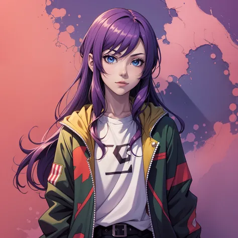 Anime character in modern clothing standing in front of a colorful background. --auto --s2