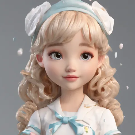 super cute girl IP by pop mart, Bright eyes, cherub,Little white dress, Clay, Models, a blind box toy, Glossy and delicate,Clean background, Good gloss, 3D rendering of,Best quality