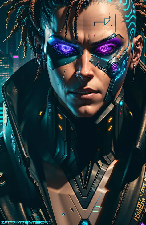 DC photography, cyberpunk biomechanics, detailed face, complex robot,  cyberpunk logo, full growth, hyper-realistic, crazy little details, incredibly clean lines, cyberpunk aesthetic, masterpiece featured on Zbrush Central, cyberpunk city backdrop