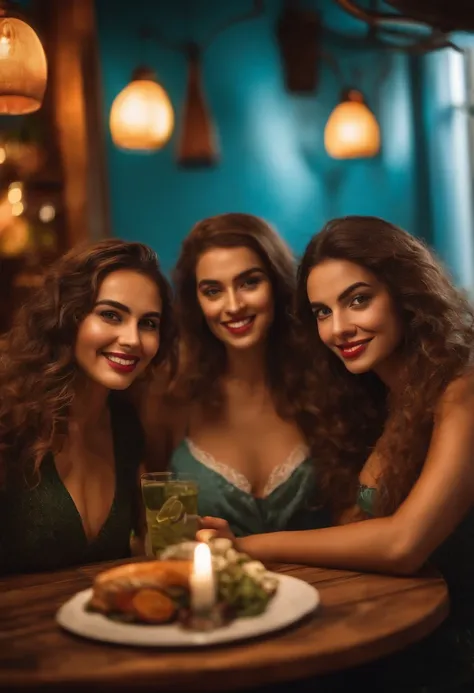 realistic selfie 3 chicas disfrazadas, uno como una vaca, uno como cabra y otro como sirena, Comer una tabla de quesos en un restaurante