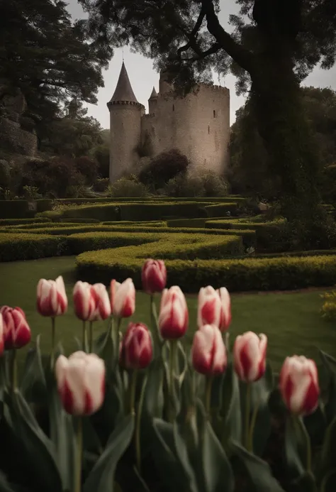 Castelo dark com um belo jardim de tulipas brancas