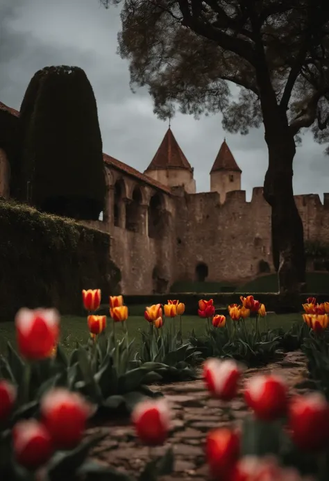 Castelo dark com um belo jardim de tulipas brancas