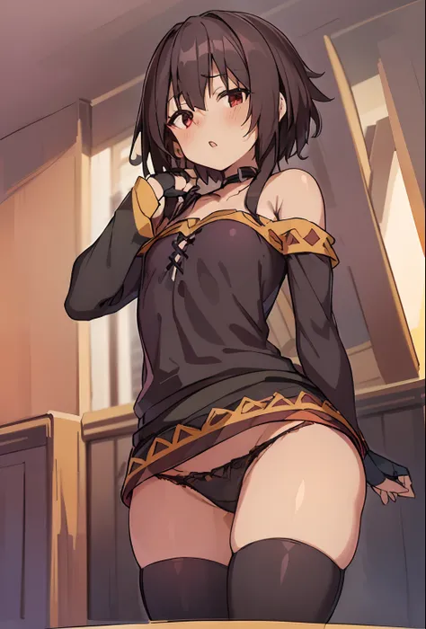 (beste-Qualit, 8K, 12), 1 girl, megumin, Short Hair, brown hair, little chest, the perfect body, ultra detail face, detailed lips, Slender Eyes, gown, stands, enticing, Excited, convex areolas, steam, From Bottom, (small boobs), ((thick thighs)), ((((black...