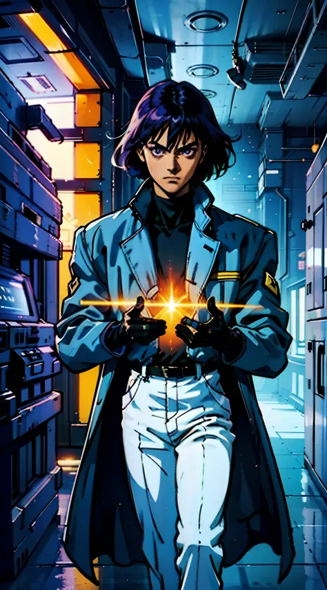 A man with a crew cut, a calm and rational expression, a wise gaze, wears a futuristic scientists coat, primarily in shades of white, accented by touches of blue and purple, matching utility pants, standing in a mysterious laboratory of an ancient and adva...