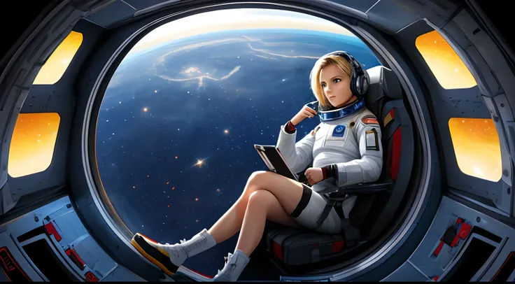 realistic Illustration of a short blond female pilot exploring space ultra-high definition detail, She sits in her bedroom on the spaceship ultra-high definition detail, taking a rest listening to music exploring the unknown realm of the universe。It is cha...