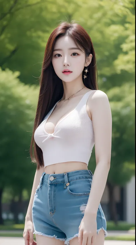 Realistic photos of (1 cute Korean star) straight hair, thin makeup, 32 inch breasts size, wearing waist tie crop top, standing in the park, upper body portrait, UHD