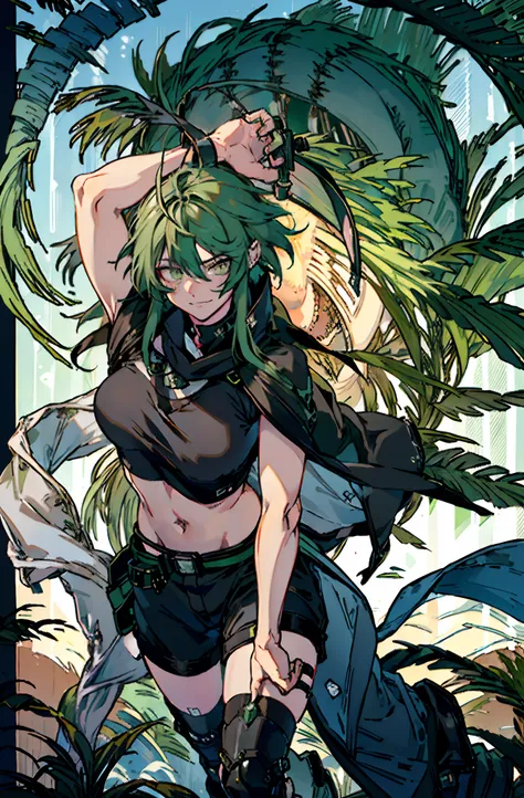 Pure sky，mechanical leg，Black mechanical legs，Plump legs，Green gem setting，Anime girl standing gracefully on the ground，Black cape and green hair, rogue anime girl, Anime girl standing, Wearing a cloak on the blasted plain, asuka suit under clothes!, Cybor...