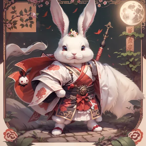 A cute white rabbit sticker, red eyes, a cute warrior , a full moon, a Chinese Classic Room, and a mysterious image. Its night but its bright