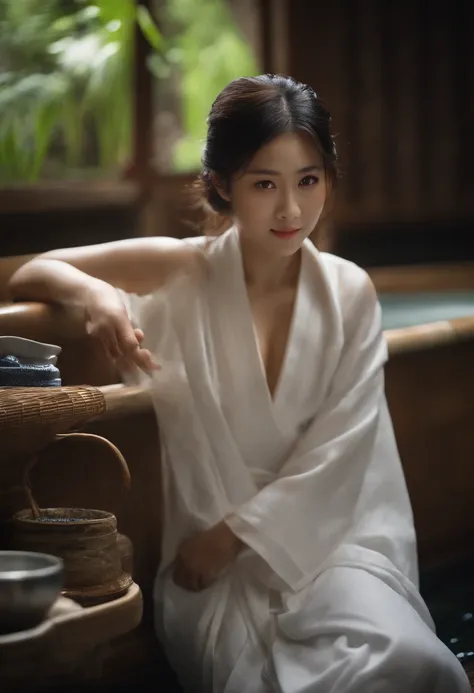 Best Quality, masuter piece, 超A high resolution, (Photorealistic:1.4), Raw photo, Professional Lighting, high-level image quality, high-detail, ​masterpiece、a 25 year old girl、White transparent yukata、hot onsen、Bathing、Staring at the viewer、You are seducin...