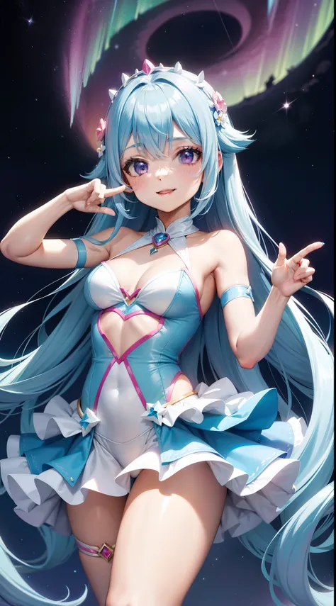 Super Idol　a beauty girl　A charming smile　sky blue hair　length hair　Twin-tailed　Bright pink and white light leotard costume　Mystical　Fantasia　constellation　a moon　Crystal Brilliance　Aurora Borealis in the Night Sky