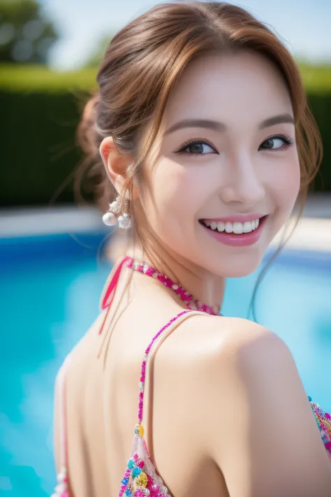 (best qualtiy，4K：1.3），hyper realisitic，(Colossal tits: 1.2),　Cheerful woman ，１Man Woman,Bold poses,　A smile、 poolparty，Detailed eyes，二重まぶた，Sensual dress with low collar,hanging breasted,Super Detailed Face，Detailed lips