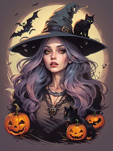 High quality design vector style image, t-shirt print style, graphic art white background of a Halloween style witch, bright and realistic colors, old style witch with a pointy hat, nose with a wart and a black cat at her side, fantasy style scenery hallow...