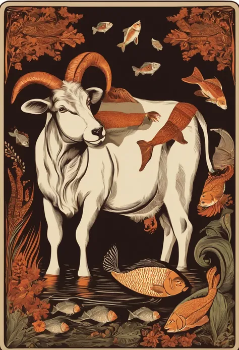 poster abaut a cow a goat and a fish, playing cards