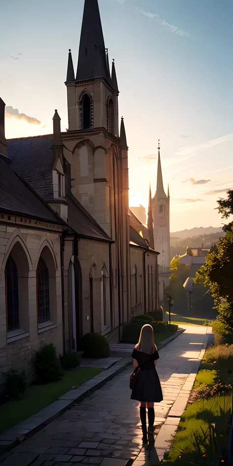 Vast landscape photos、Girl looking at a nearby medieval European church from bottom to top