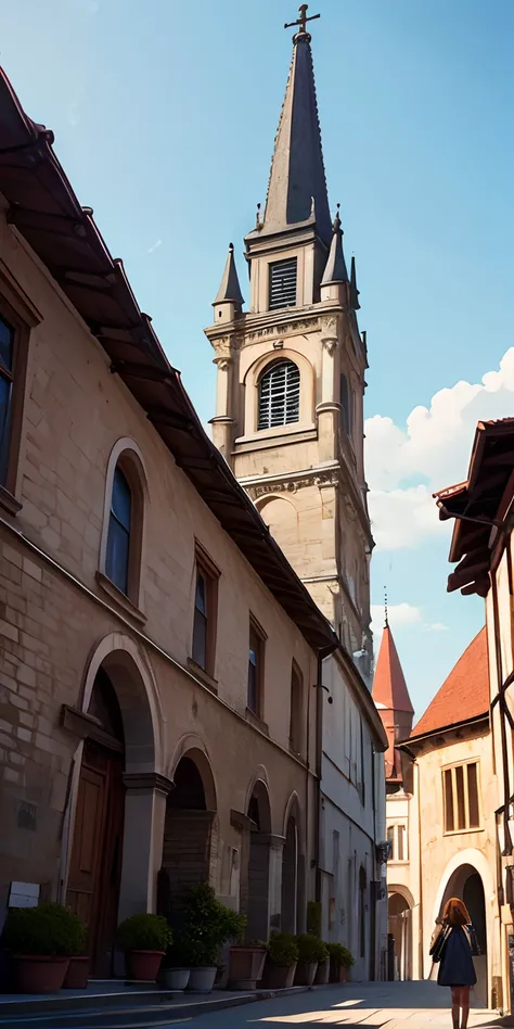 Vast landscape photos、Girl looking at a nearby medieval European church from bottom to top