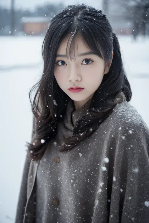 (in 8K、top-quality、masutepiece、超A high resolution:1.2) 、(Cold style:1.1) 、(Gloomy winter snow:1.4) 、beautfull Japanease woman、25-years old、long、Winter costume、professional photograpy、artistic、kou、