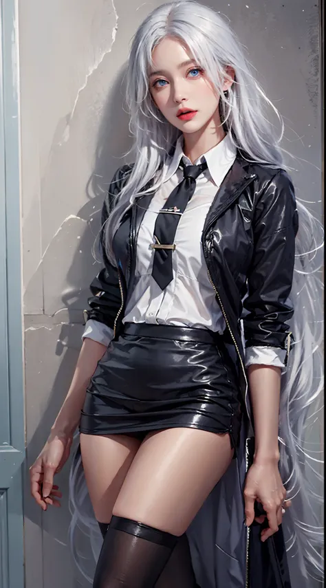 photorealistic, high resolution, soft lights, 1women, solo, hips up, blue eyes, white hair, long hair, close lips, collared shirt, black necktie,black skirt, pencil skirt, fur coat, stockings