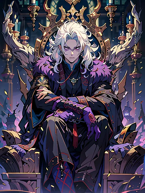 (a demon king on his throne, demon king man, white hair, dressed in black, violet eyes, demon king man alone in his castle, high-quality background, detailed face, Jang Seong-Rak style)