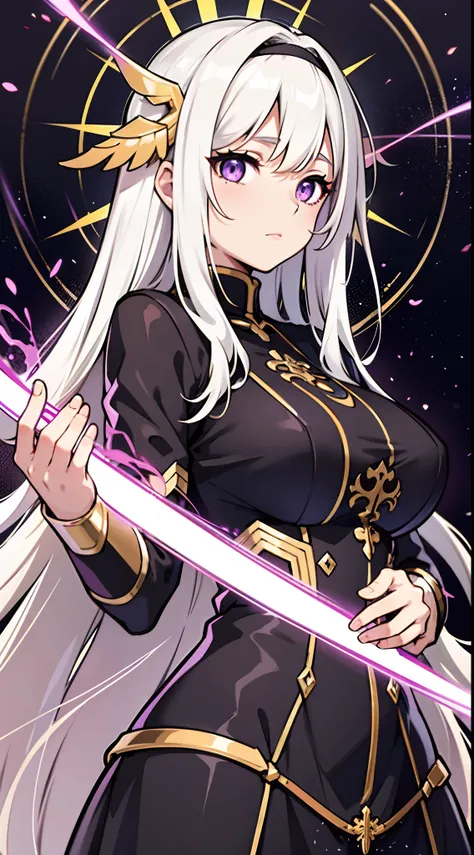 upper body, 1woman, white hair, Long Haired, purple eyes, (Saint), sister, big breats, wallpaper, holy light background, light particles, hands behind the back, (masterpiece), best quality