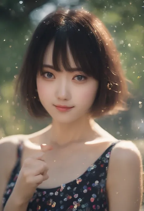 ((top-quality, in 8K,Raw photo)), (Realistic, Photorealsitic: 1.37), (Face Focus: 1.1), cute Japanese girls, short-hair, Hair fluttering in the wind, femele、Japan idol system、(Sleeveless: 1.1)、Skirt, C cup breasts,