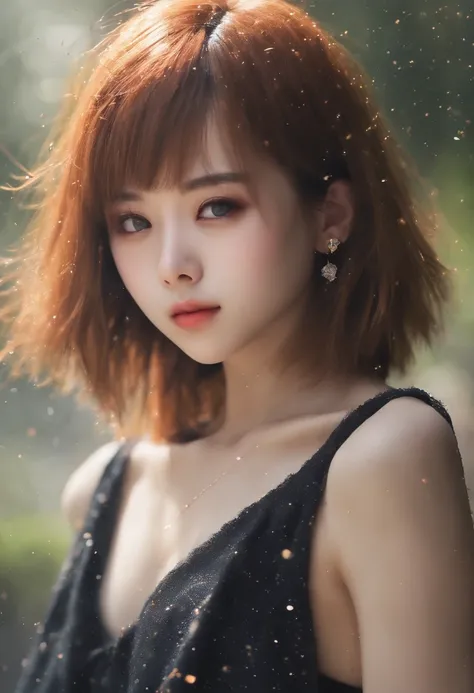 ((top-quality, in 8K,Raw photo)), (Realistic, Photorealsitic: 1.37), (Face Focus: 1.1), cute Japanese girls, short-hair, Hair fluttering in the wind, femele、Japan idol system、(Sleeveless: 1.1)、Skirt, C cup breasts,