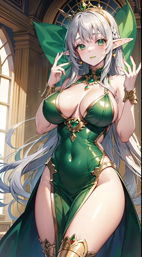 Grown-up girl, Long silver hair, elf ears, Green eyes, large breasts, Green lipstick, green dress, open dress, open breasts, Sleeveless, Sexy, erotic dress, transparent dress, Princess, Gold Elements, Hands up, Masterpiece, hiquality, 4k, HD, Good detail