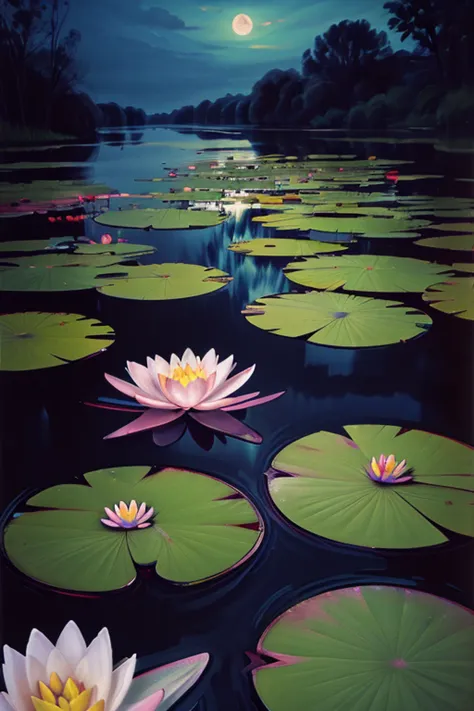 Multi-colored water lilies in the pond, Evening atmosphere, The background is wild.