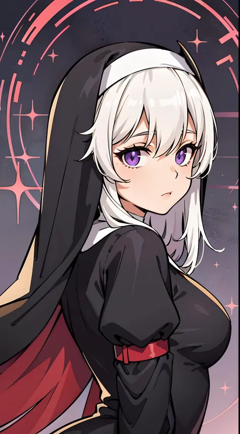 upper body, 1woman, white hair, Long Haired, purple eyes, (nun), sister, big breats, wallpaper, holy light background, light particles, hands behind the back, (masterpiece), best quality