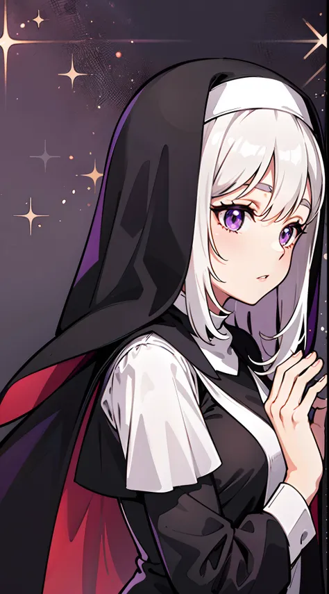 upper body, 1woman, white hair, Long Haired, purple eyes, (nun), sister, big breats, wallpaper, holy light background, light particles, hands behind the back, (masterpiece), best quality