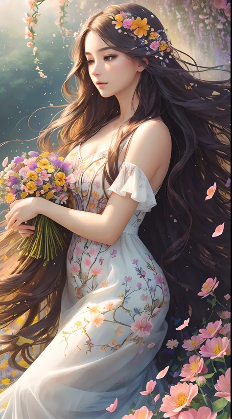 (detailed) (illustration) featuring a (stunning lady) with (long, cascading hair) amidst a (breathtaking flower field), (intricate detailing), (natures beauty), (illustration by a talented artist), (abundant and vibrant flowers), (effortless grace), (capti...