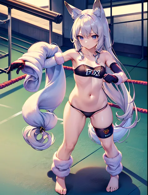 ((fox girl)), ((full body)), ((Standing pose)), ((((very baggy and long wool leg warmers)))), ((bare feet)), ((strapless gym top)), ((tiny thong)), ((martial fighting gloves)), ((fully detailed))