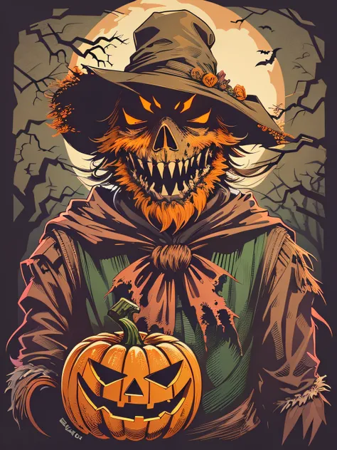 High quality design vector style image, t-shirt print style, graphic art white background of a scary scarecrow with Halloween pumpkin head, bright and realistic colors, fantasy style halloween backdrop