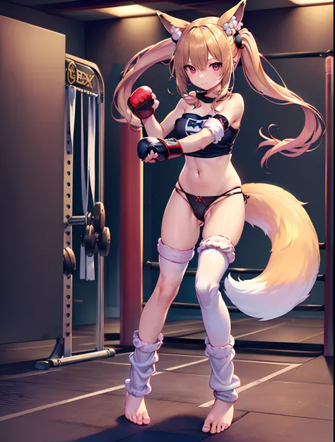 ((fox girl)), ((full body)), ((Standing pose)), ((((((very baggy and long cotton leg warmers)))))), ((bare feet)), ((strapless gym top)), ((tiny thong)), (((martial fighting gloves))), ((fully detailed))